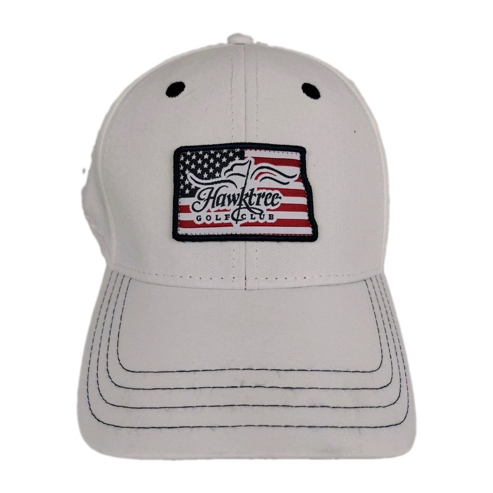 HAWK TREE GOLF CLUB COURSE North Dakota Pukka HAT White Flex Size S/M Flag EUC